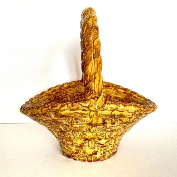1970s Ceramic Wicker Basket Brown Yellow Twist Handle - Picture 2 of 8